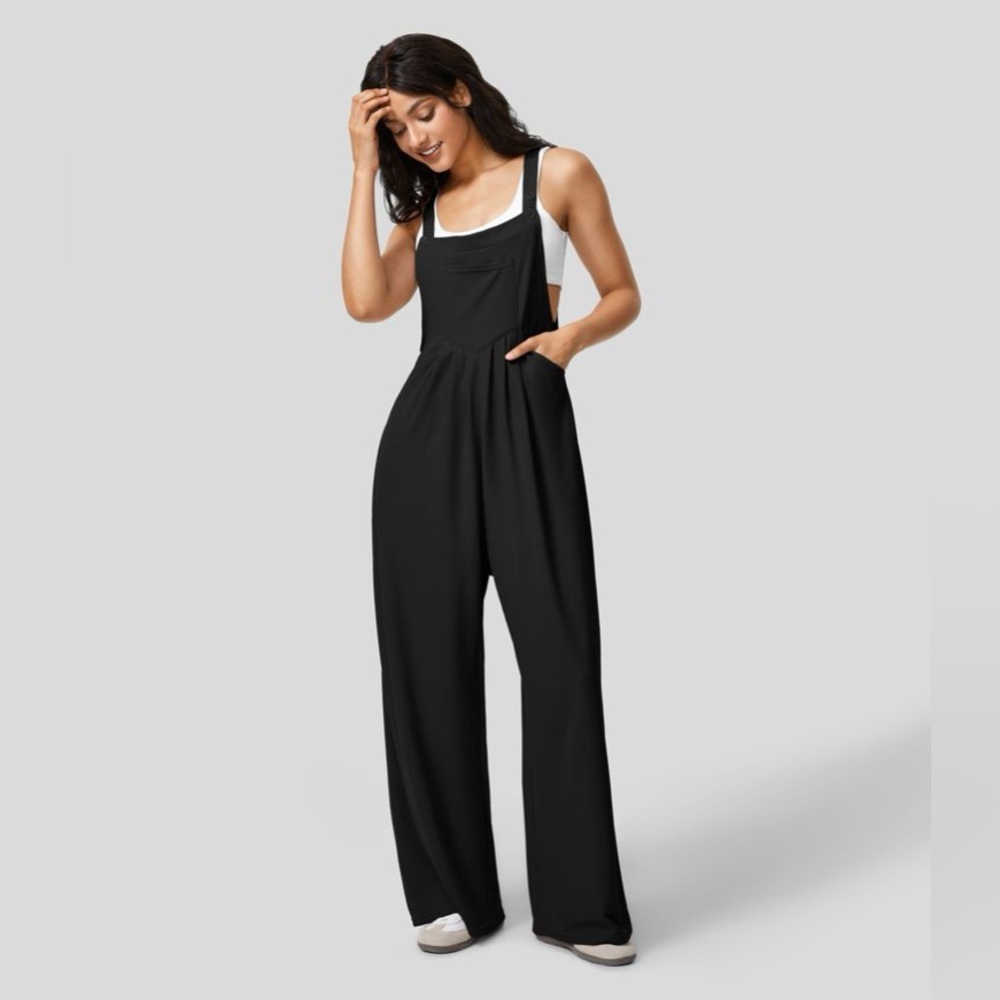 Halara Black Adjustable Strap Button Multiple Pockets Waffle Overalls - Picture 4 of 10